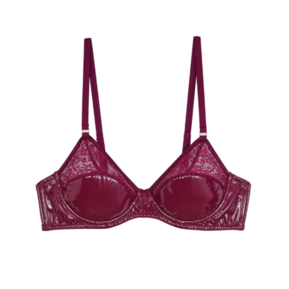 NWT Fleur du Mal Frankie Lace PVC Bebe Bra Sangria (34C)